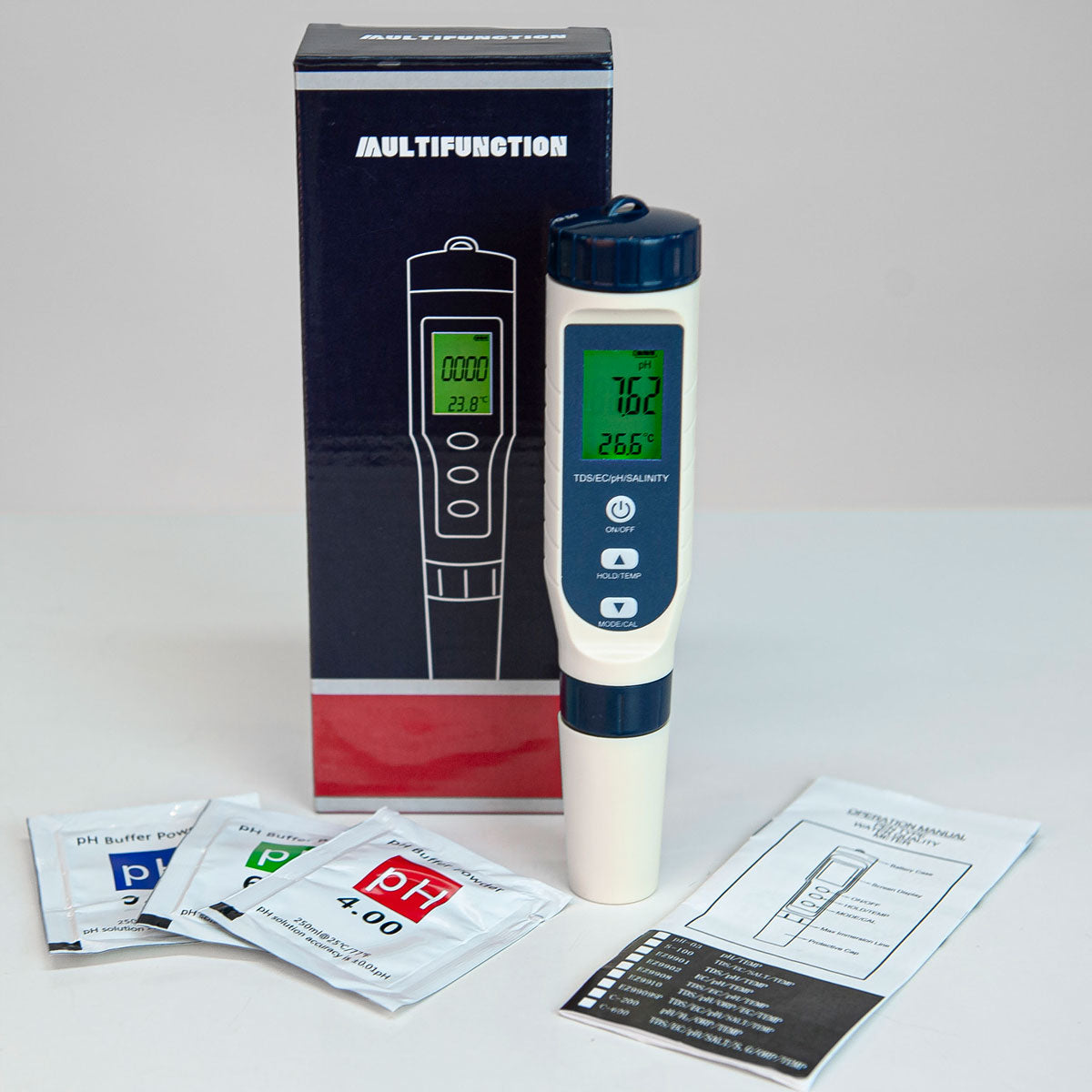 Contents inside the box of the 5-1 multi water quality tester.