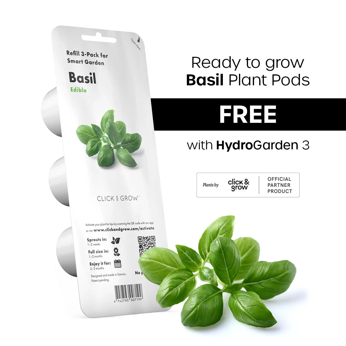Click and Grow 3-pack basil pod, free with HydroGarden 3 purchase.