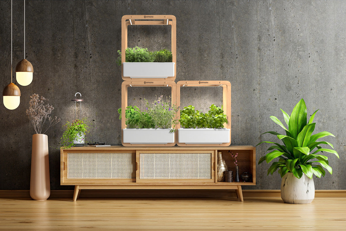 Garden cube herb vertical garden on wooden cabinet