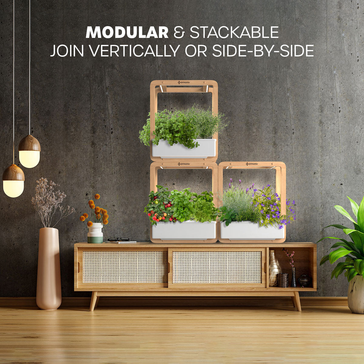 3 Garden Cubes placed on wall cabinet. units can join vertically or side by side.