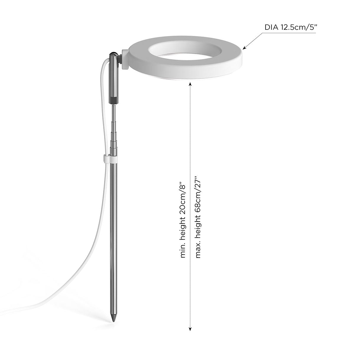 Halo Elite showing lamp diameter, minimum and maximum height when extended.