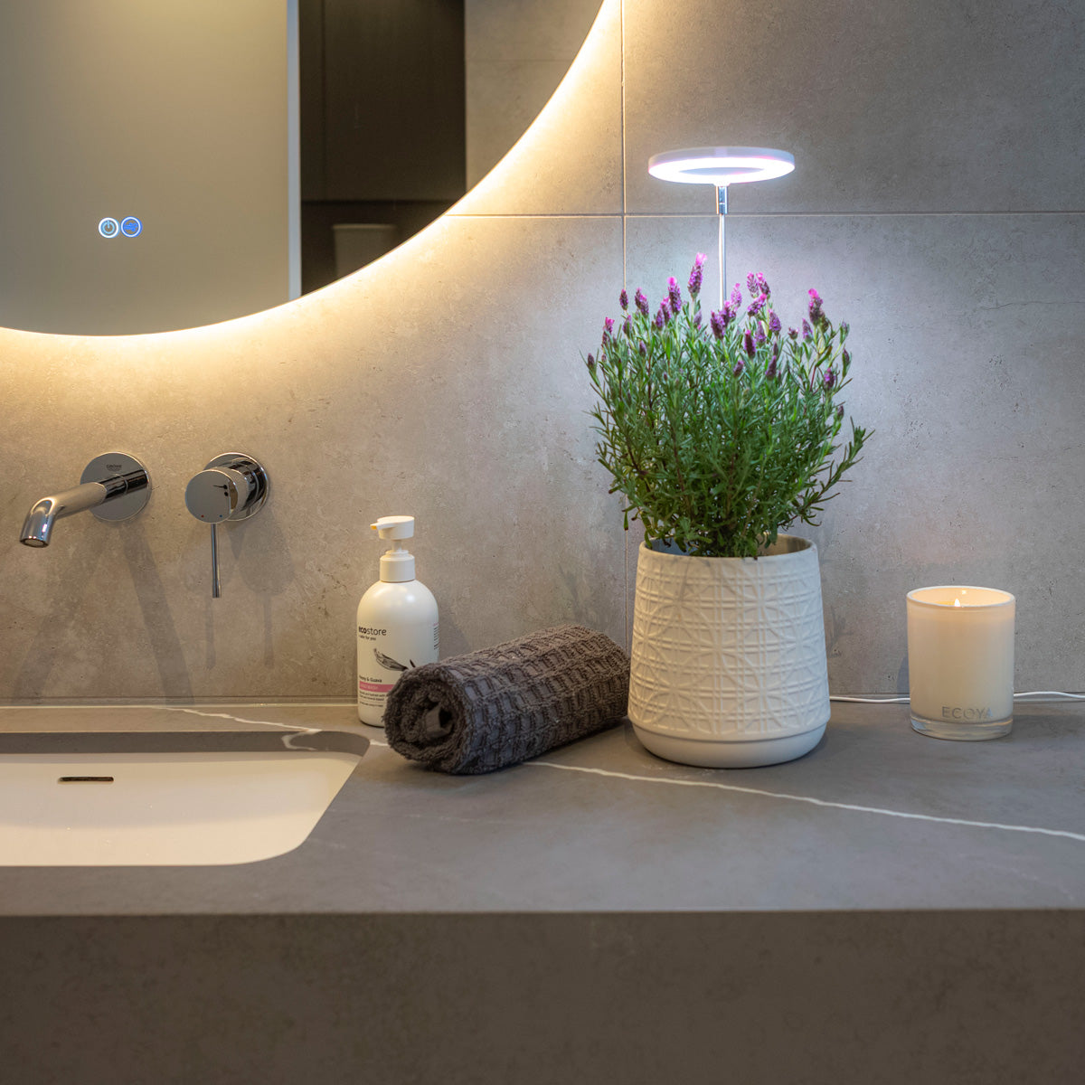 Halo Elite grow light in a pot of lavenders sitting on the basin of a modern bathroom