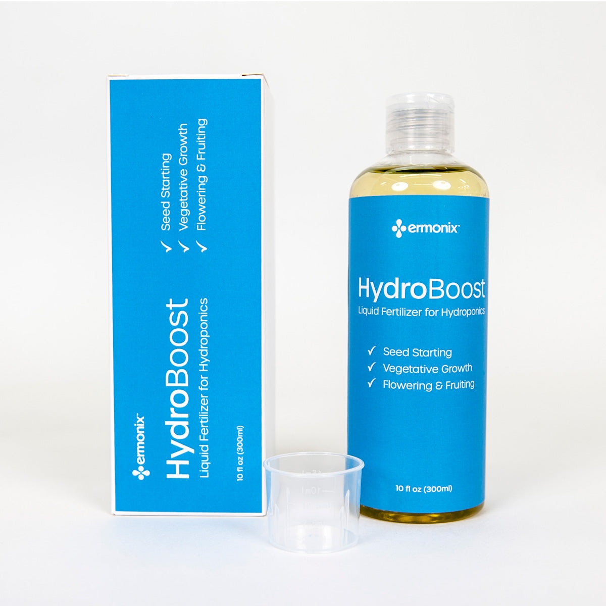 Emonix HydroBoost liquid fertilizer bottle and packaging on a white background