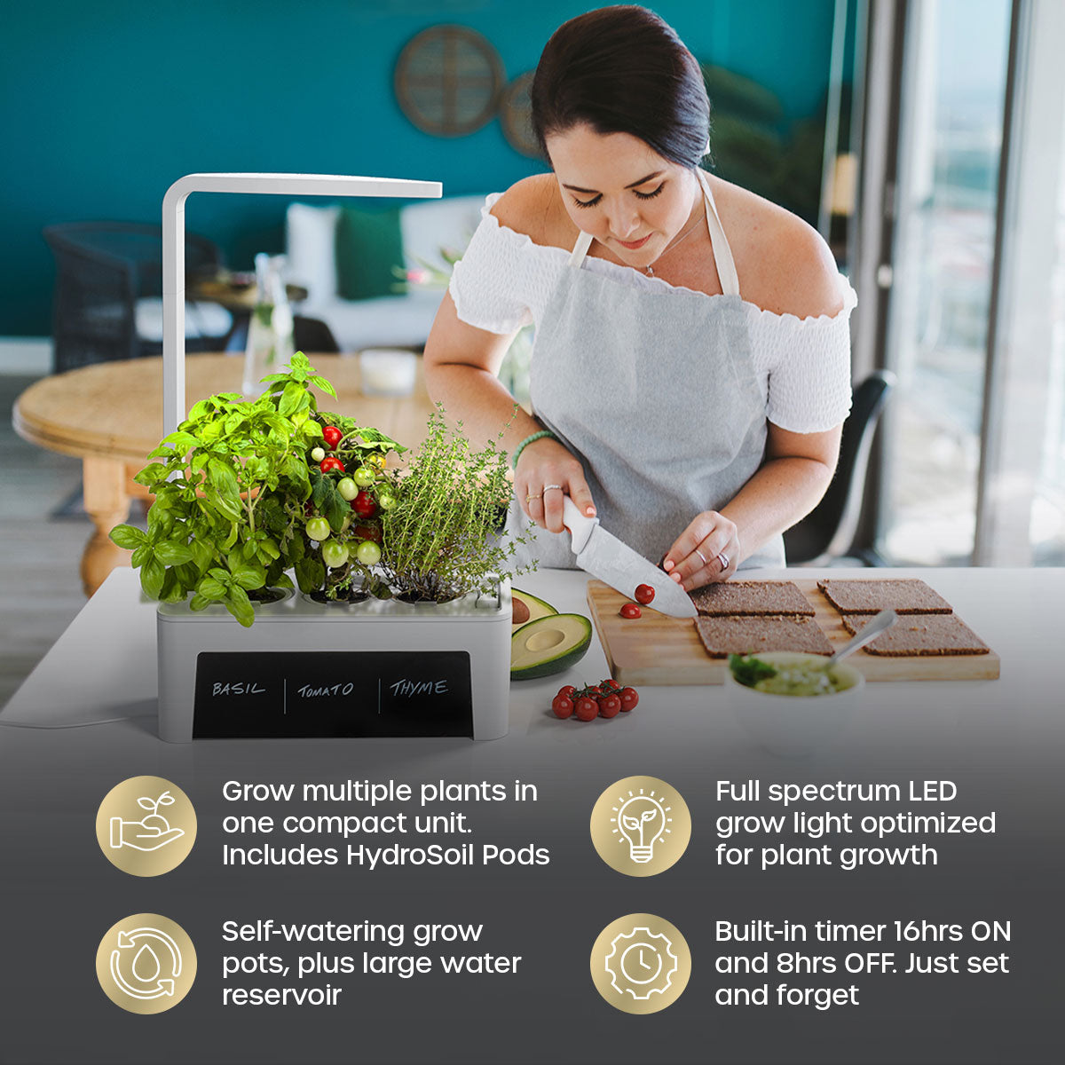 Woman preparing a sandwich and slicing tomatoes grown in her HydroGarden 3 with text showing features and benefits.