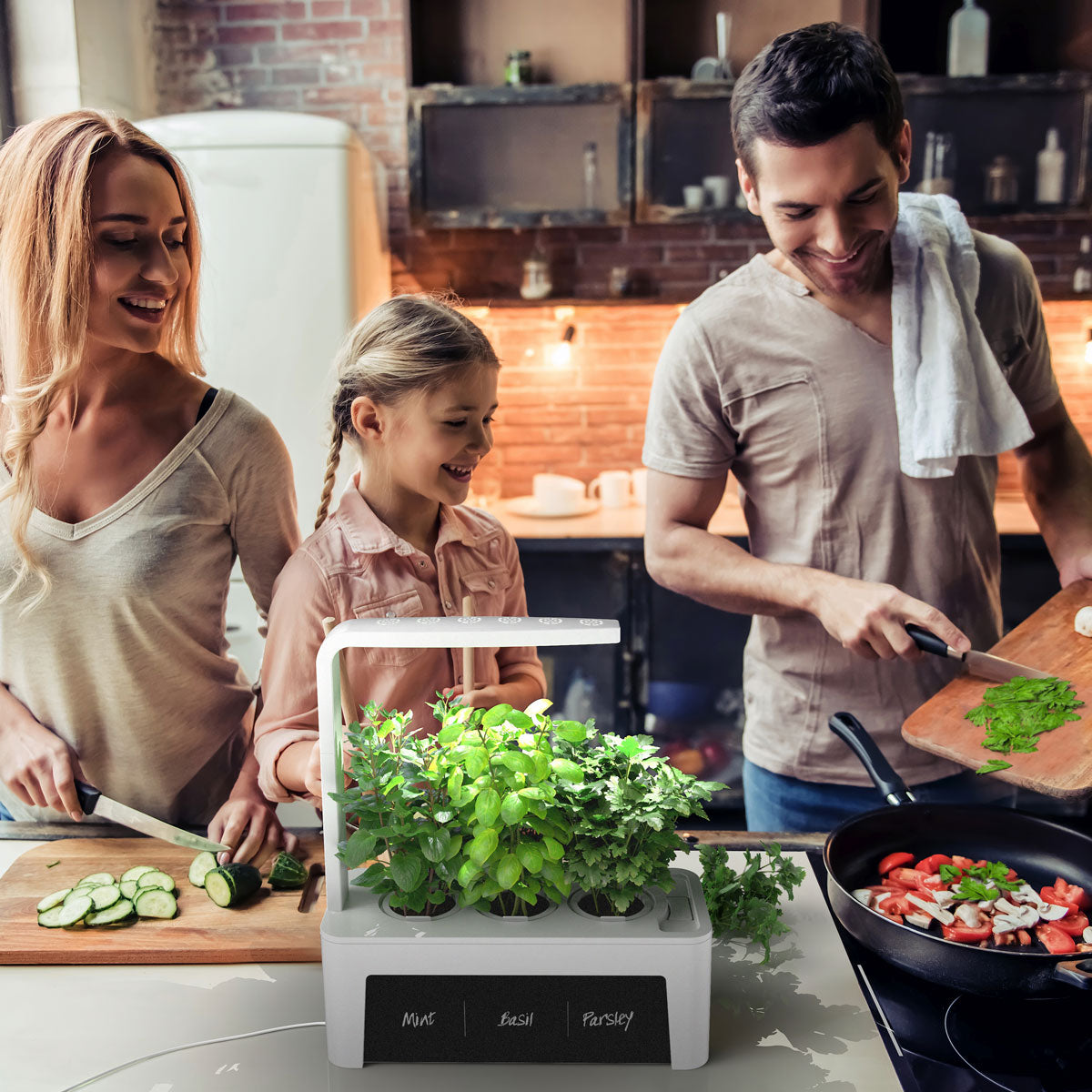 Young family cooking with ingredients grown in the HydroGarden 3 in a rustic kitchen.