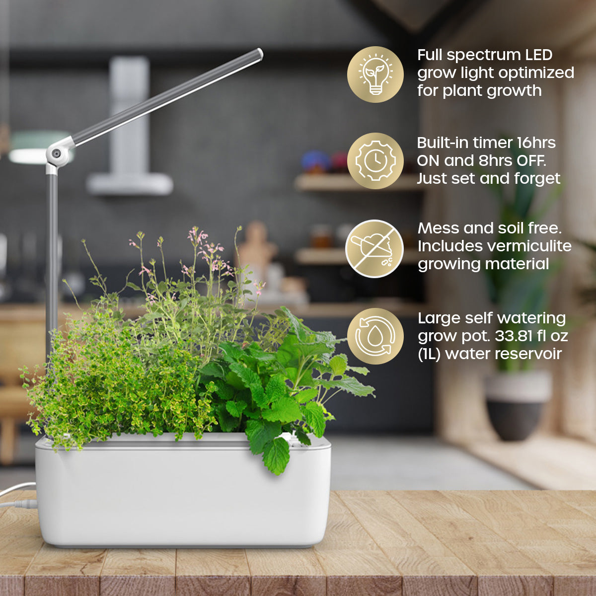 HydroGarden Classic smart herb garden on a wooden kitchen bench showing features and benefits.