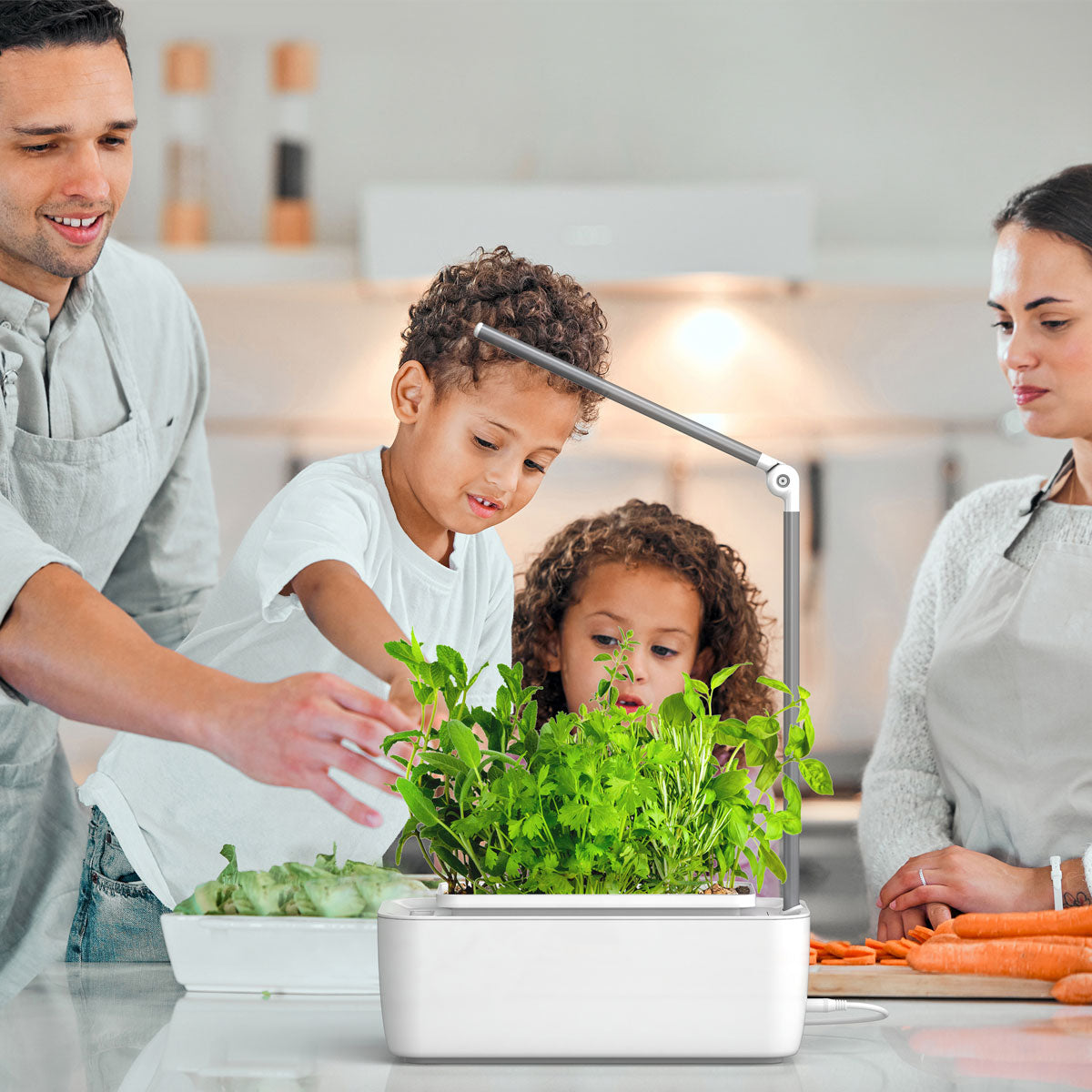 HydroGarden Classic containing various herbs and green plants growing in a kitchen with a young family.