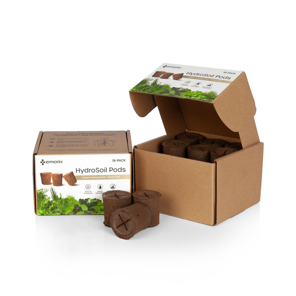 2 x 18-pack HydroSoil pod packs. One pack with lid open showing contents.