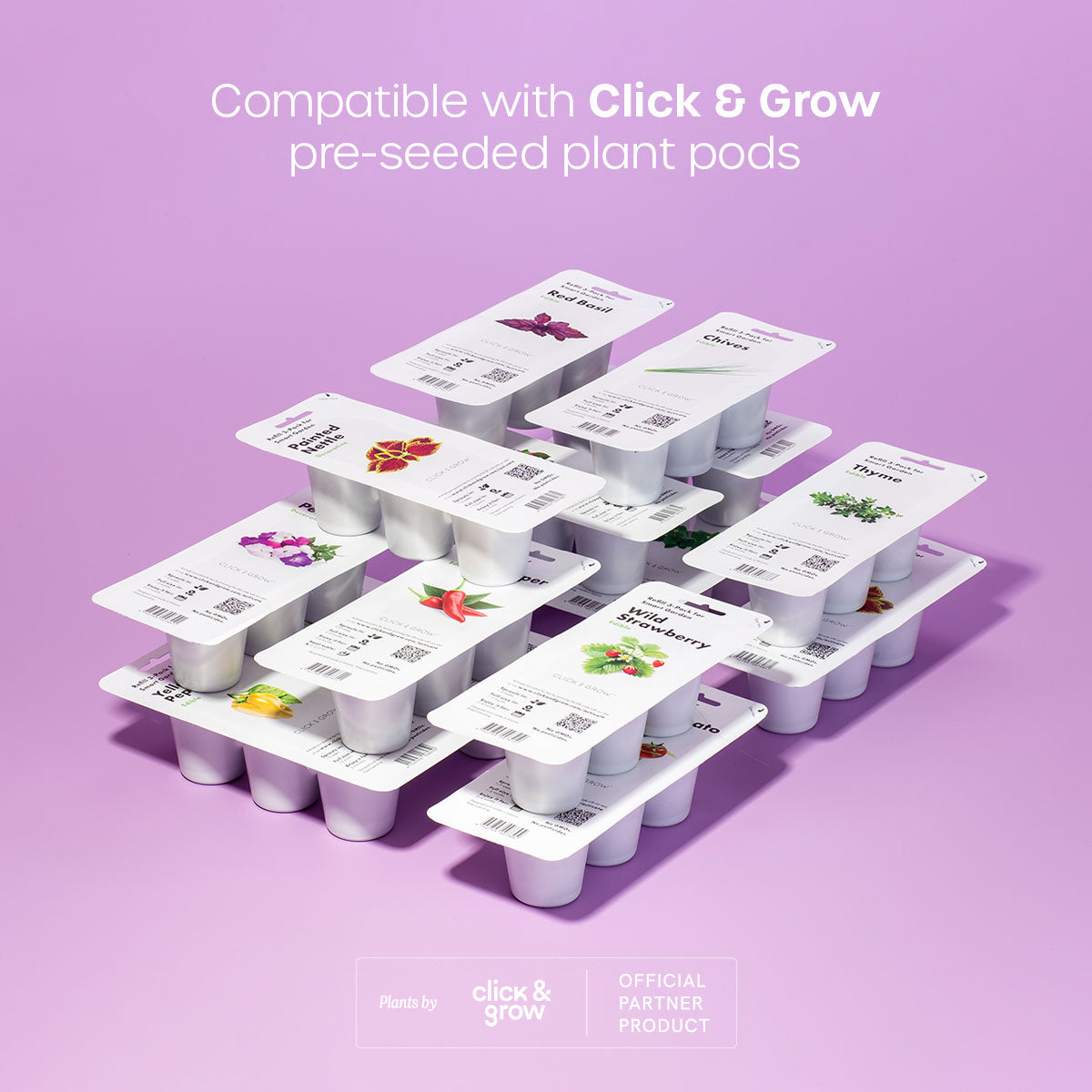 variety of Click and Grow 3-pack plant pods stacked neatly on a purple background indicating compatibility with Ermonix plant pod products.