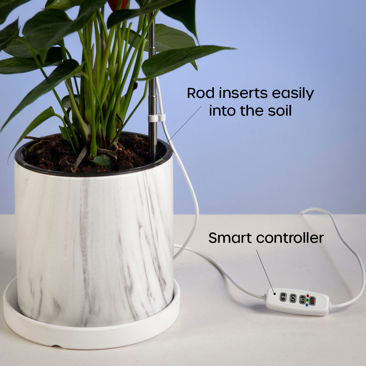 close up of Halo rod inserted into pot plant soil featuring smart controller.
