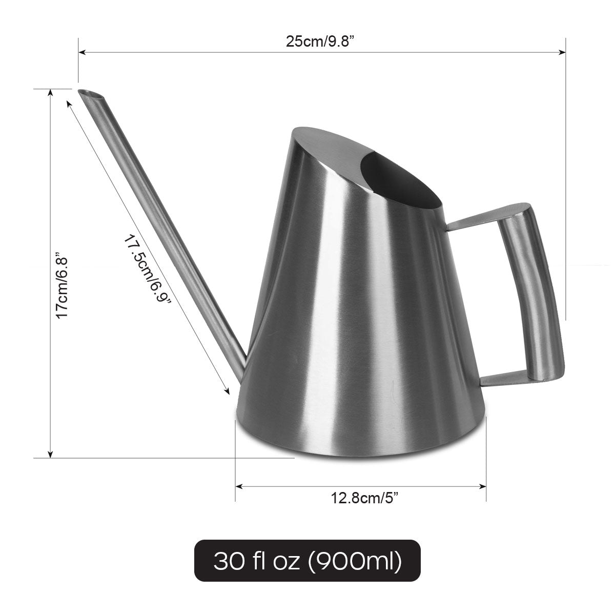 30 fl oz silver mini watering can with dimensions.