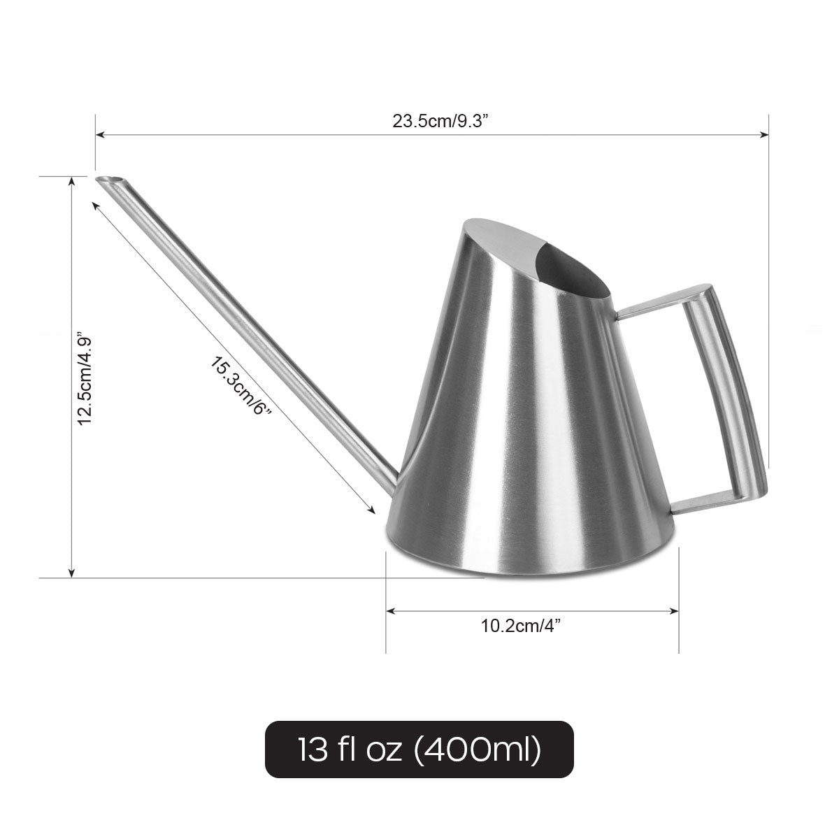 13 fl oz silver mini watering can with dimensions.