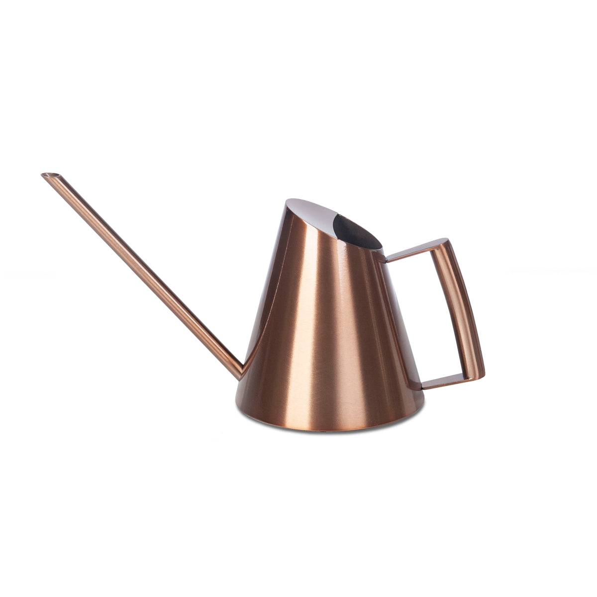 Rose gold mini watering can on a white background.