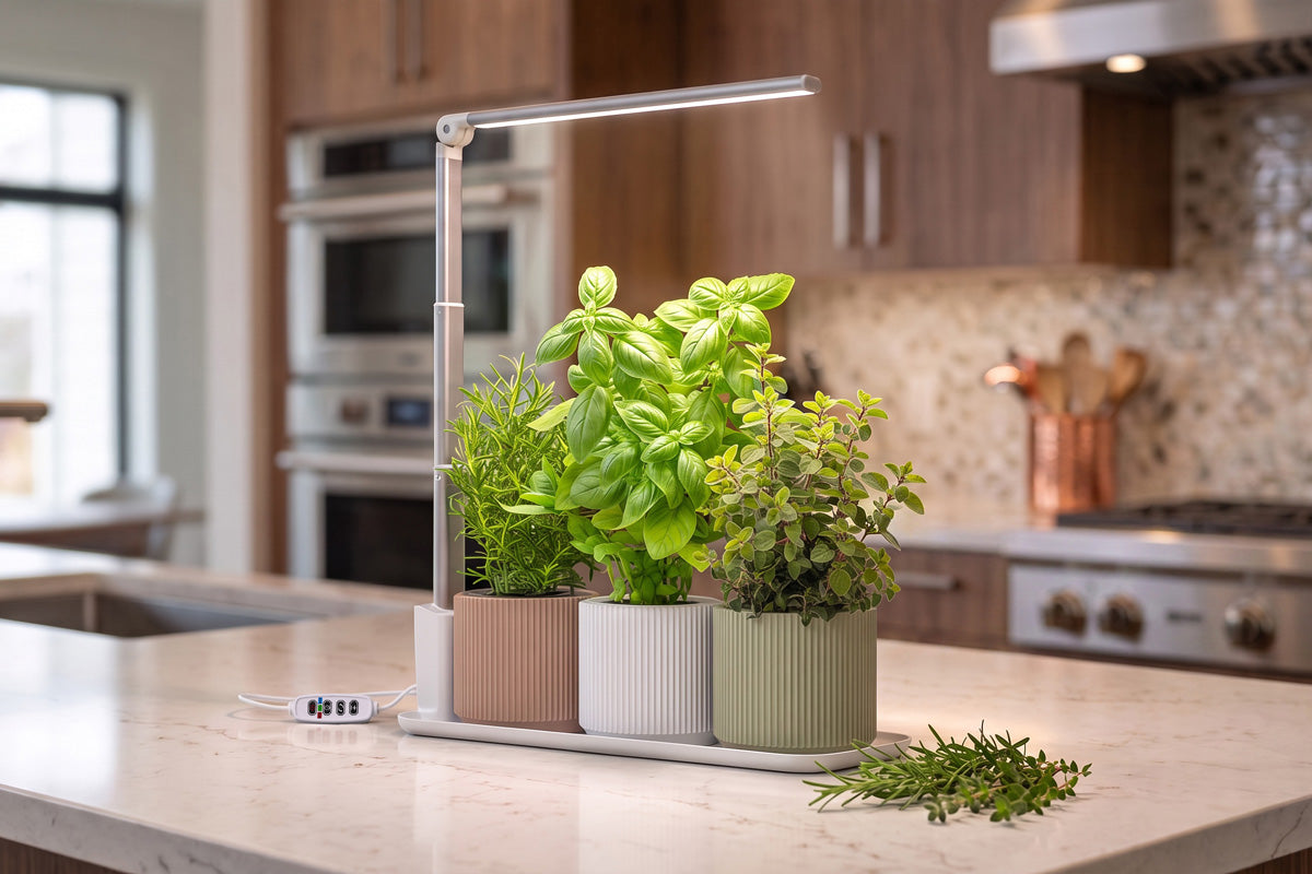 Ermonix Grow Tray with three potted herbs under a slim LED grow light, set on a kitchen island.