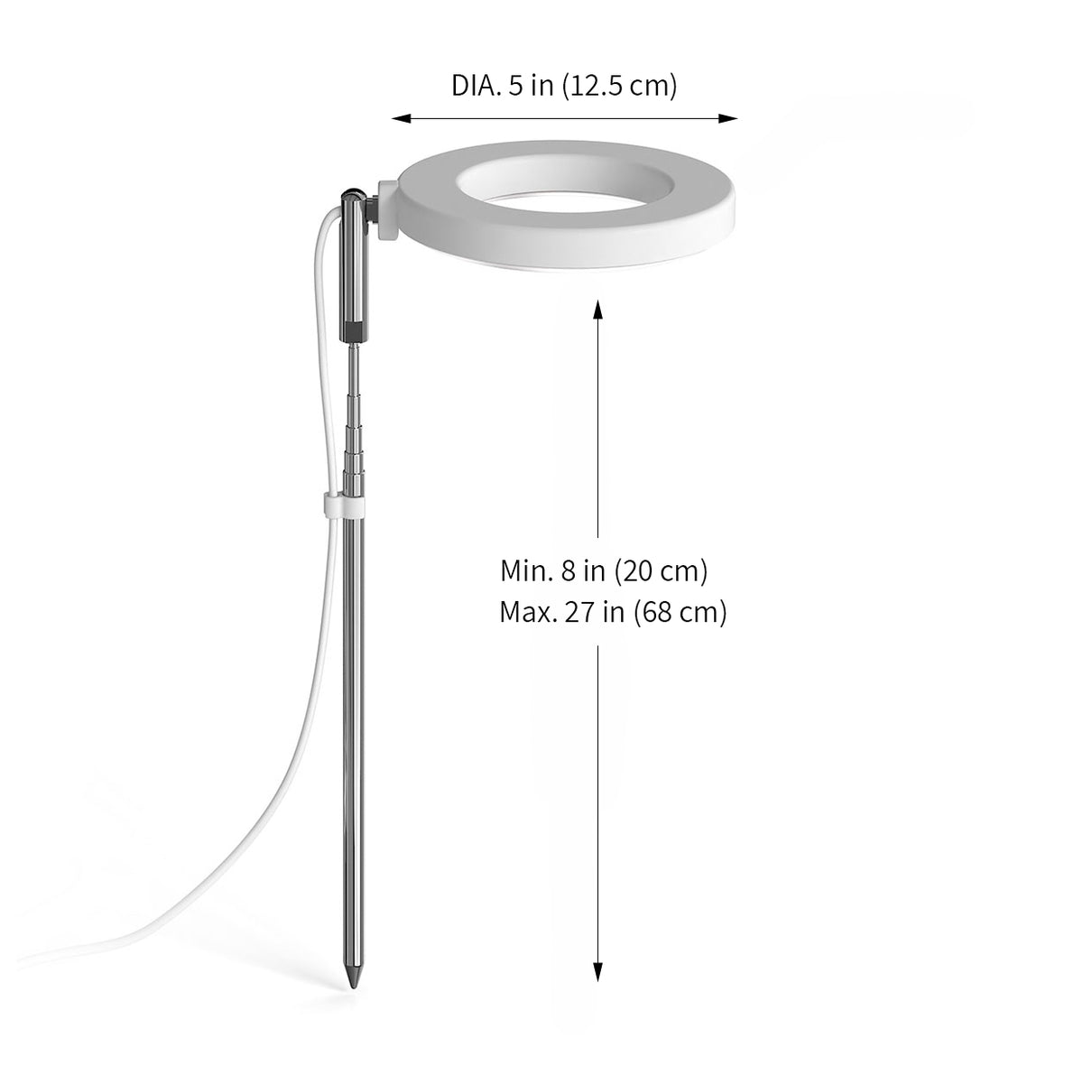 Ermonix Halo Elite, shown with dimension arrows and text indicating a diameter of 5 in (12.5 cm) and a minimum height of 8 in (20 cm) to maximum of 27 in (68 cm) on a white background.