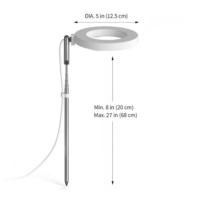 Ermonix Halo Elite, shown with dimension arrows and text indicating a diameter of 5 in (12.5 cm) and a minimum height of 8 in (20 cm) to maximum of 27 in (68 cm) on a white background.