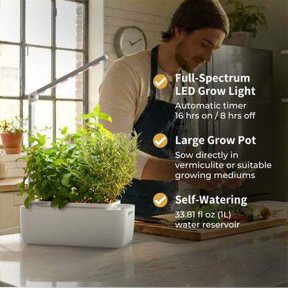 Ermonix HydroGarden Classic growing herbs in a kitchen with a list of features to the right with a backdrop of a man cooking with herbs
