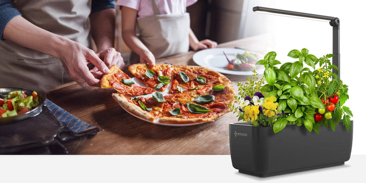 Ermonix black LumiGarden 3 indoor herb garden with LED grow light, filled with green basil, pansies, and small red tomatoes, shown in the foreground. In the background, a kitchen scene shows an adult person holding a slice of pizza with a child wearing aprons.