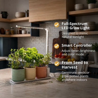 Ermonix Grow Tray with three potted herbs sits on a kitchen countertop. The scene includes marketing text overlays highlighting features like full-spectrum LED lighting, a smart controller, and seed-to-harvest capability.