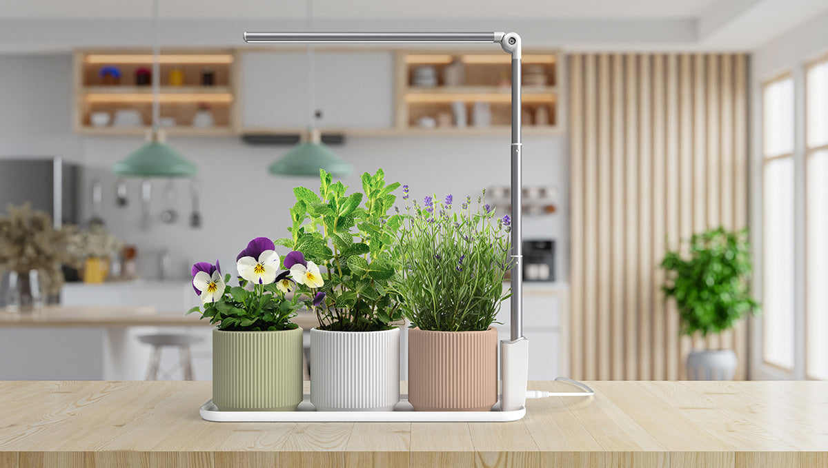 Modern kitchen with a decorative indoor grow light plant stand holding three potted plants.