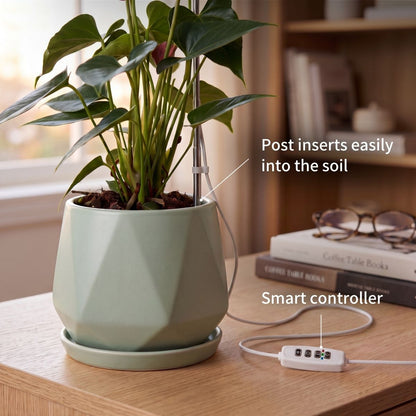 Ermonix Halo Elite with telescopic rod inserted into a potted indoor plant showing the smart controller. white text saying 'Posts insert easily into the soil.