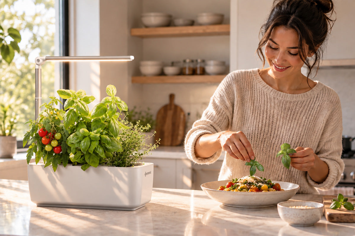 A woman in a cozy kitchen scene smiles while preparing food next to a white Ermonix LumiGarden 3 with leafy green herbs and small red tomatoes.