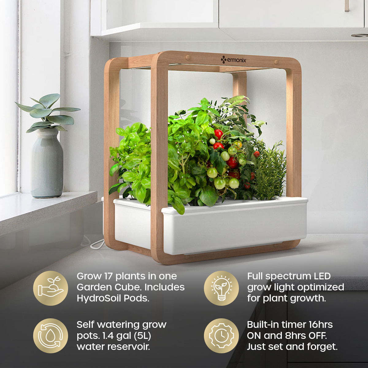 garden cube indoor garden placed in the corner of a kitchen bench