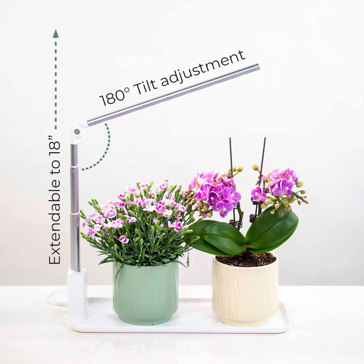 Showcasing the 180 degree grow light arm tilt of the grow tray