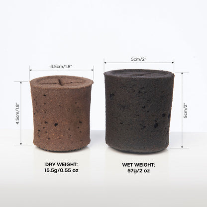 size and weight comparison of wet and dry HydroSoil plant pod