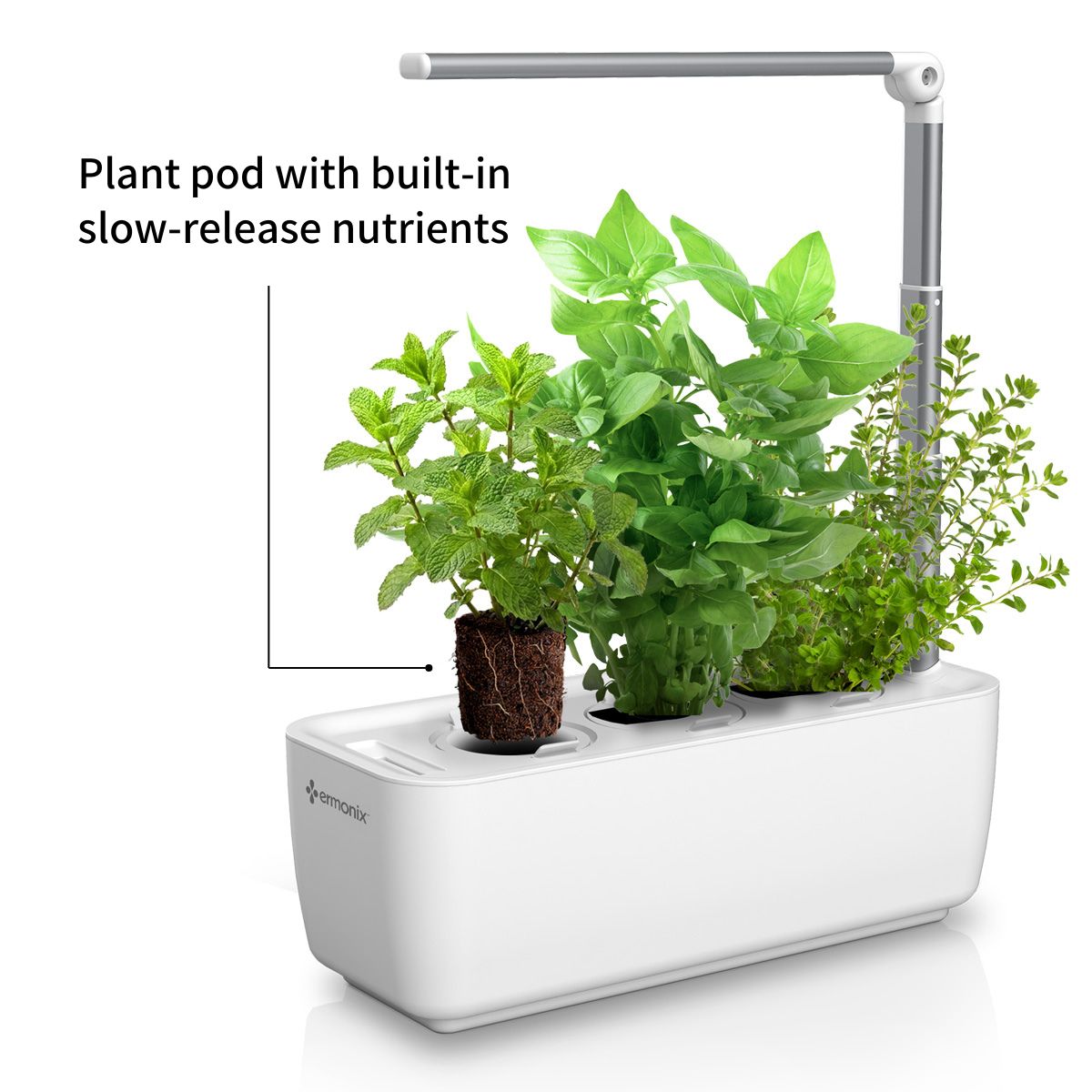 Ermonix LumiGarden 3 compact herb garden in a white base and silver adjustable LED grow light, and three growing pots with one smart soil pod raised holding green herbs, shown on a clean white background.