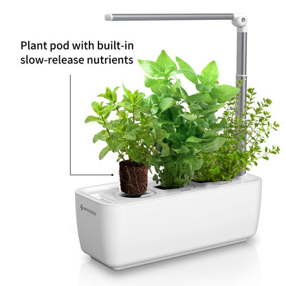 Ermonix LumiGarden 3 compact herb garden in a white base and silver adjustable LED grow light, and three growing pots with one smart soil pod raised holding green herbs, shown on a clean white background.