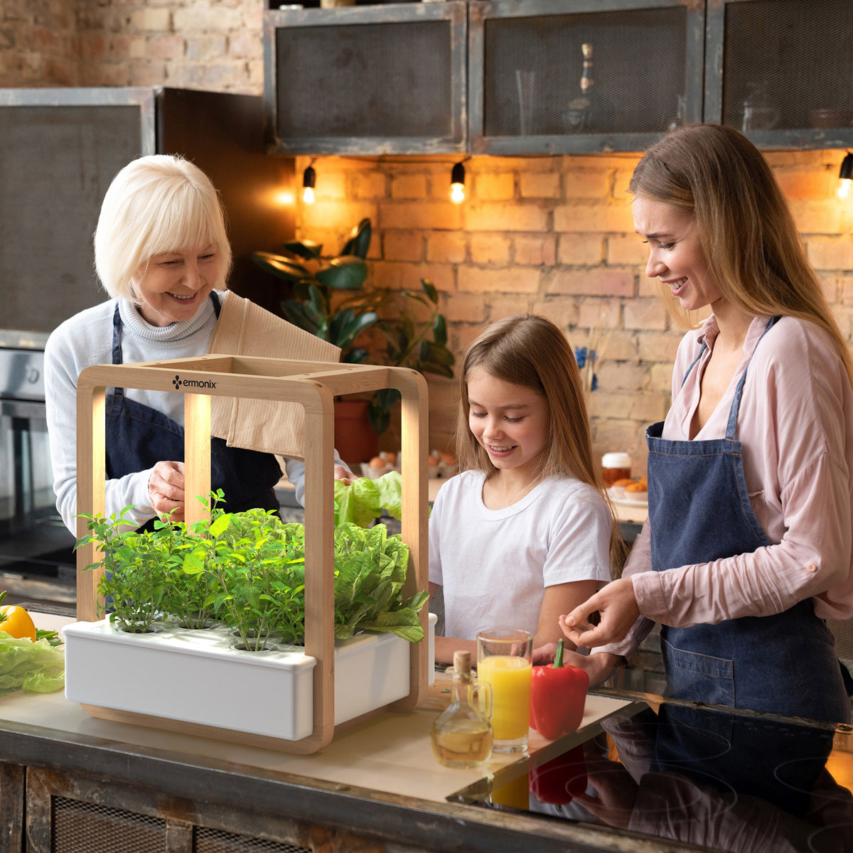 young girl harvesting lettuce from her Garden Cube with mother and grandmother